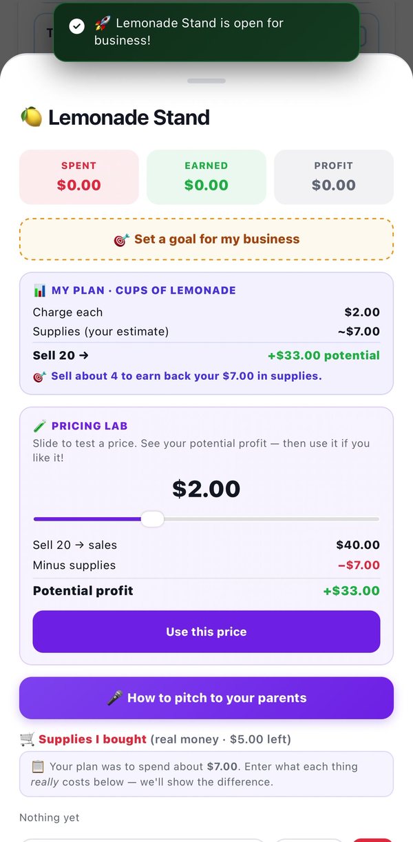 Lemonade Stand plan showing $2 per cup, $7 in supplies and $33 potential profit, with a Pricing Lab slider.
