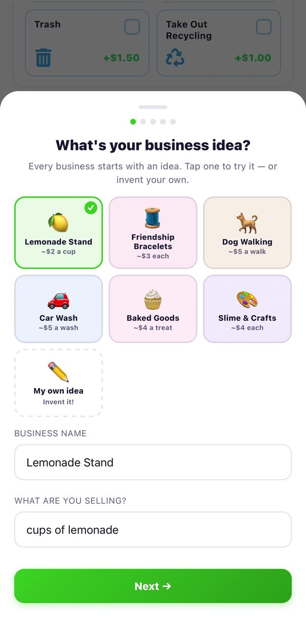 Business idea picker with Lemonade Stand, Friendship Bracelets, Dog Walking, Car Wash, Baked Goods and Slime and Crafts.
