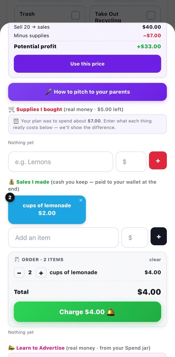 Cash register with a two-item order of cups of lemonade totaling $4 and a Charge button.