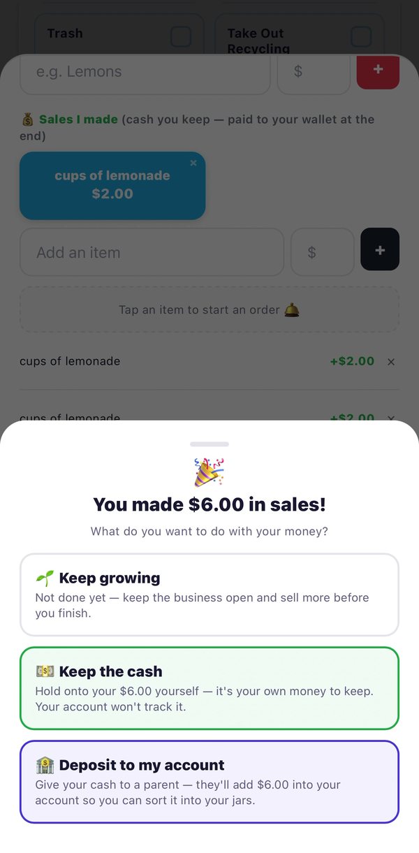 You made $6.00 in sales, with choices to keep growing, keep the cash or deposit to my account.