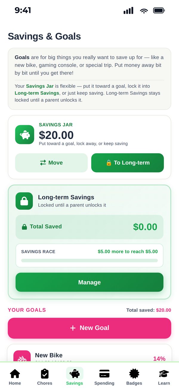 Savings and Goals screen with a Savings Jar, a locked Long-term Savings account and a savings race.
