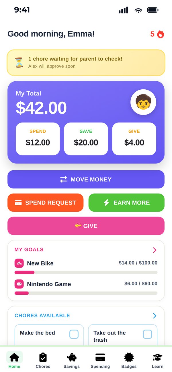 CubWallet kid home screen showing a $42 total split into Spend, Save and Give jars, with goals for a new bike and a Nintendo game.