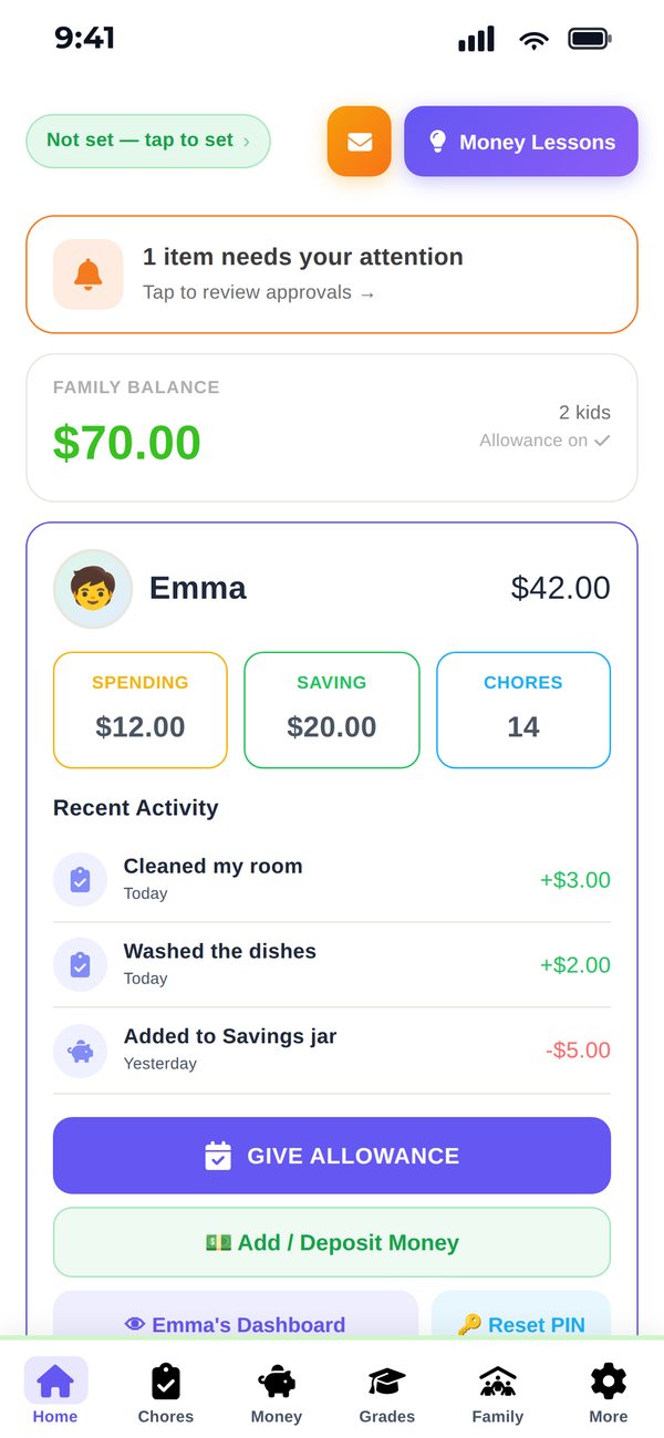 Parent home screen showing a $70 family balance, a pending approval, and Emma's Spending, Saving and chore totals.
